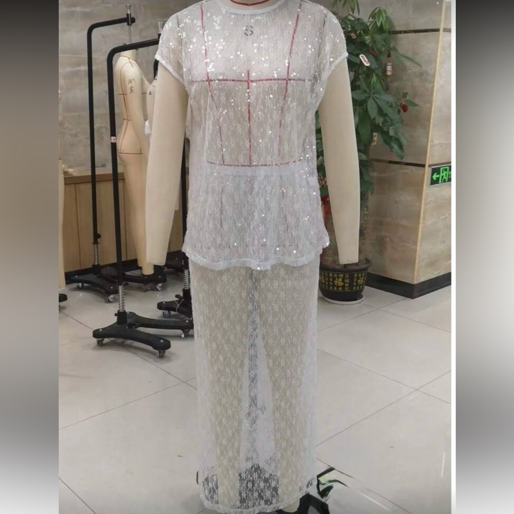 Elegant White Lace Overlay sequin set skirt top S beach cover up